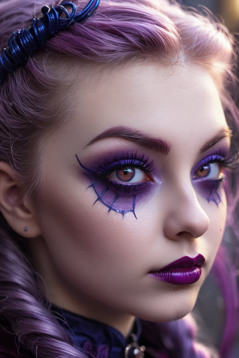 portrait, close up of a Eye-catching buxom Vampire (instagram girl:1.1) , she is from the Postwar Era, Cardinal, her hair is Colored, higher class Violet, Magenta and Indigo Spider Tail, ultrafine detailed, Astropunk, Sun Rays, One Color, atmosphere, beautiful, highly intricate, ambient, aesthetic, beautiful detailed, dramatic