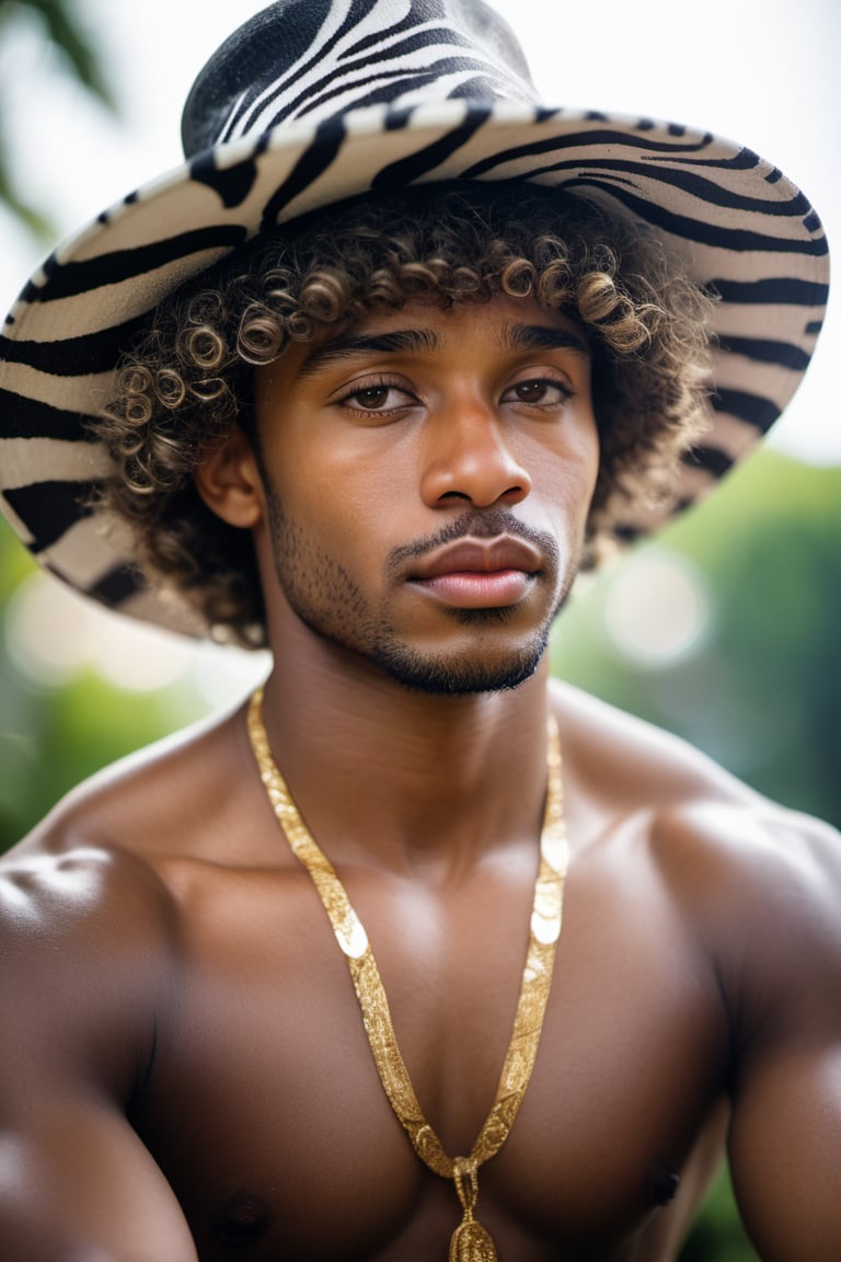 portrait, close up of a stocky (handsome man:1.2) , he is Meditating, wearing Sparkling Impressive zebra print Floppy hat, Caesar cut hair, curly hair, Senegalese background, at Overcast, Bokeh, Satisfying, American Scene Painting, glowy Luminescence, vanishing point, realistic and detailed, detailed skin, "The fog comes on little cat feet.", Pixabay, complimentary colors, intricate artistic color, dynamic background, highly decorated, intricate detail, exquisite color