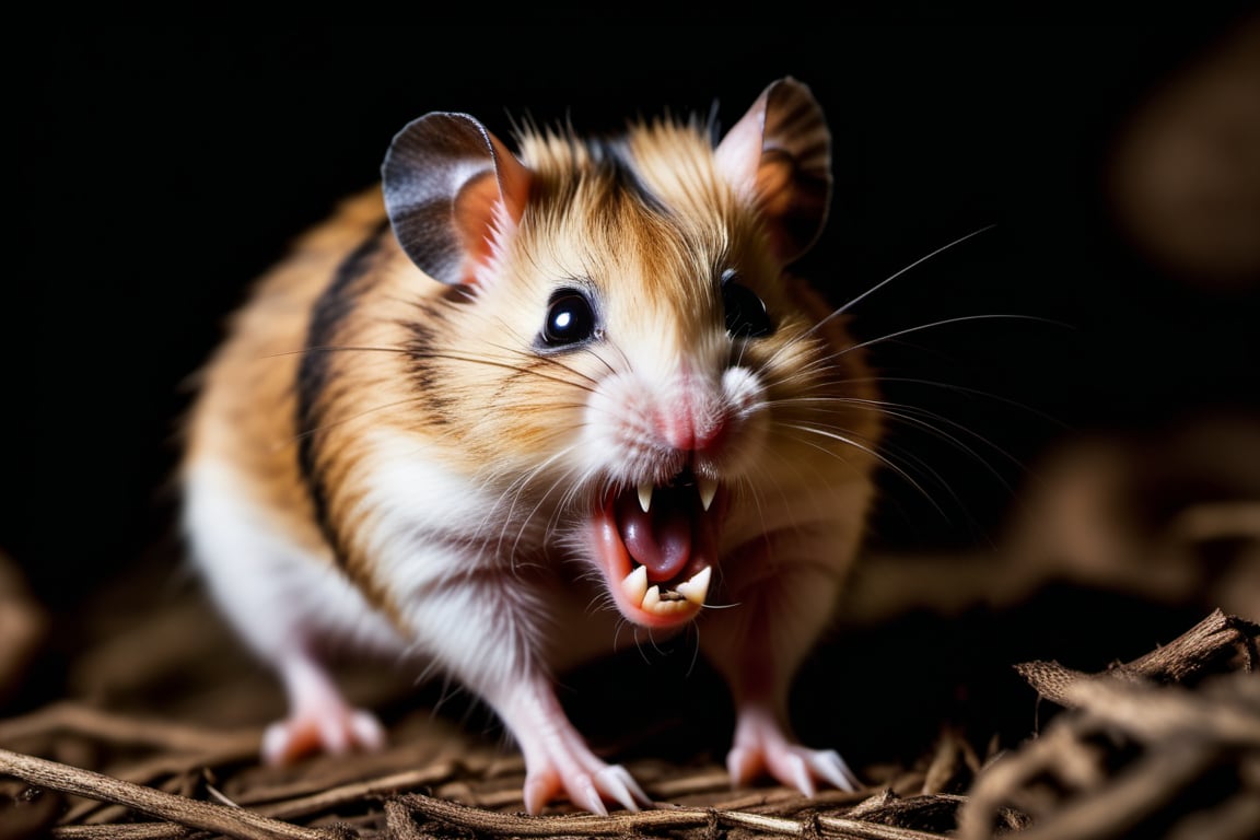 nature photograph, flesh eating demonic hamster, huge sharp teeth, fierce AF, | natural habitat, natural subdued lighting,