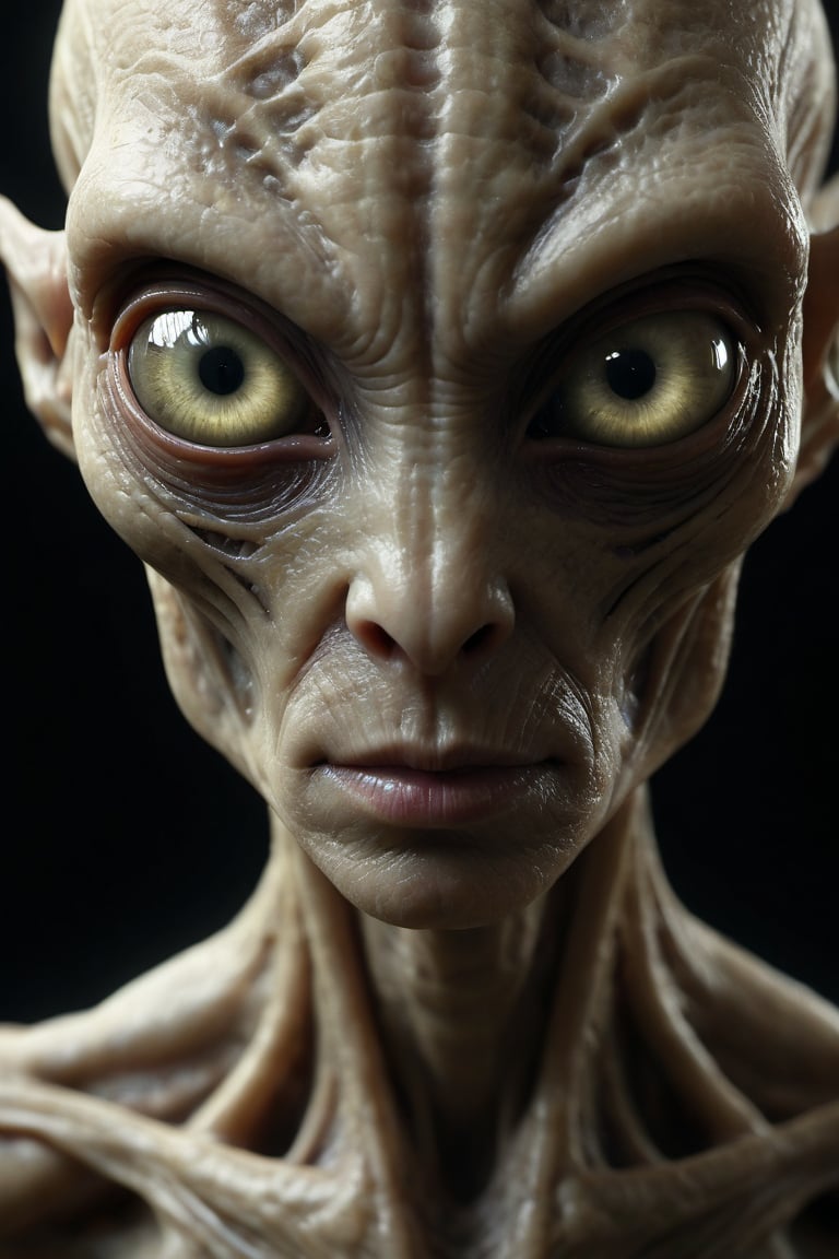 Captivating close-up shot of an extraterrestrial lifeform, rendered in breathtaking RAW detail. The subject's ethereal features are set against a stark, pitch-black backdrop, creating a sense of depth and mystery. The soft, golden lighting casts a warm glow on the alien's translucent skin, accentuating its intricate veins and delicate, almost-human-like facial structure. The composition is dramatic, with the lifeform positioned at the center of the frame, drawing the viewer's attention to its hauntingly beautiful countenance.