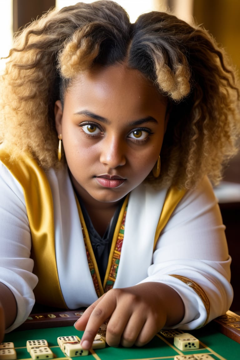 portrait, close up of a Young plump Ethiopian (instagram girl:1.3) , she is Playing board games, from the Computer Age, dressed in costume, The costume has button, her hair is Platinum, at Sunrise, in focus, Proud, Golden ratio, Bardcore, Motion blur, Flickr, hyperdetailed, (by Hans Haacke:0.9) , Balcomb Greene, (Charles Tunnicliffe:1.3) , realism, unique, sunny, imposing, epic atmosphere