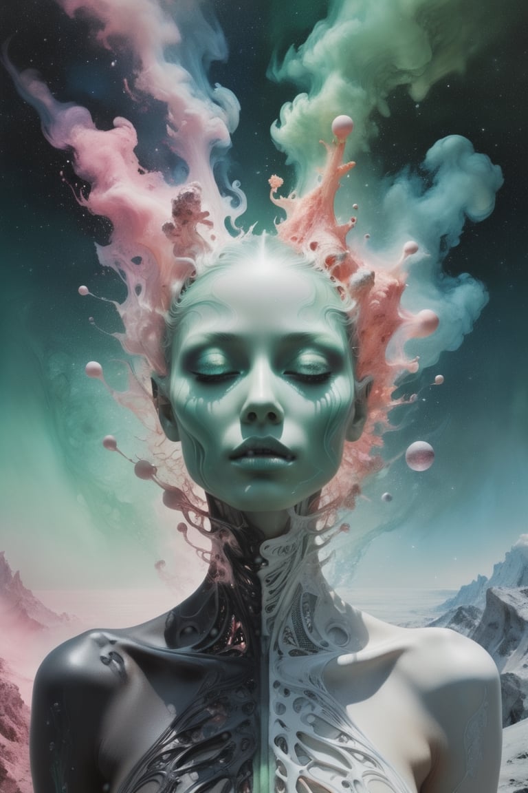 transformation of innocent beautiful woman into a grim alien queen, dreamscape in your mind, Double exposure effect of female alien body portrait silhouette, superimposed against astral cosmic sky by Karol Bak, Peter Gric, Conrad Roset, Brandon Kidwell, Andreas Lie, Dan Mountford, Agnes Cecile, Jeremy Mann, oil and ink canvas, fine art, super dramatic light, photoillustration, amazing depth, concept of evolution, glowing particles, hyperdetailed, iridescent green and pink, intricate detailed, amazing depth, hypervibrant, stunning atmosphere, mesmerizing whimsical vibrant scenery, hypermaximalism (Beautiful Outside, Ugly Inside, Stress and Pain, Beauty and Despair, Hard and Soft, Positive and Negative, Hot and Cold, Sweet and Sour, Vibrant and Dull, Perfect Harmony, Light and Dark, Hot and Cold, Old and Young, Fire and Ice, Yin and Yang, Opposites, Black and white, Smoke and Steam,Hot and Cold, Organic and Mechanical, Corresponding colors, Loud and Quiet, Chaos and Peace,  Night and Day:1.2) complex masterwork by head of prompt engineering