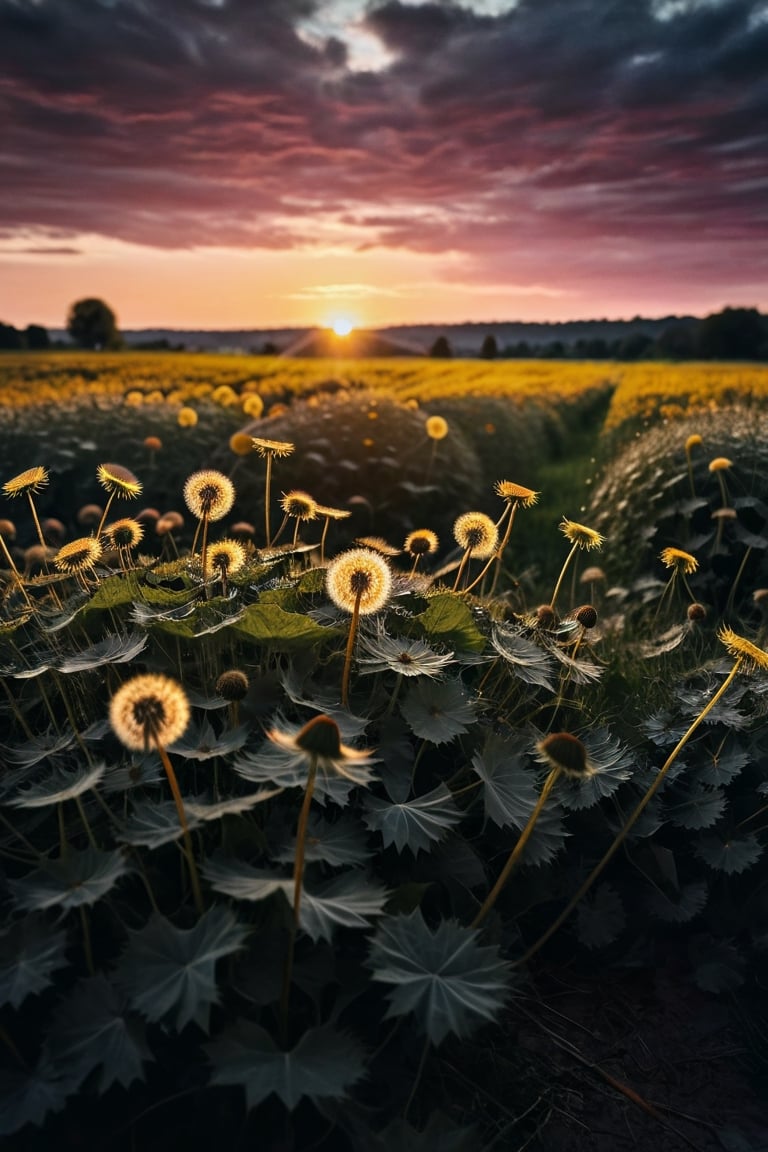 "dandelions and a glorious sunset, by photographer Lee Jeffries nikon d850 film stock photograph 4 kodak portra 400 camera f1.6 lens rich colors hyper realistic lifelike texture dramatic lighting unrealengine trending on artstation cinestill 800