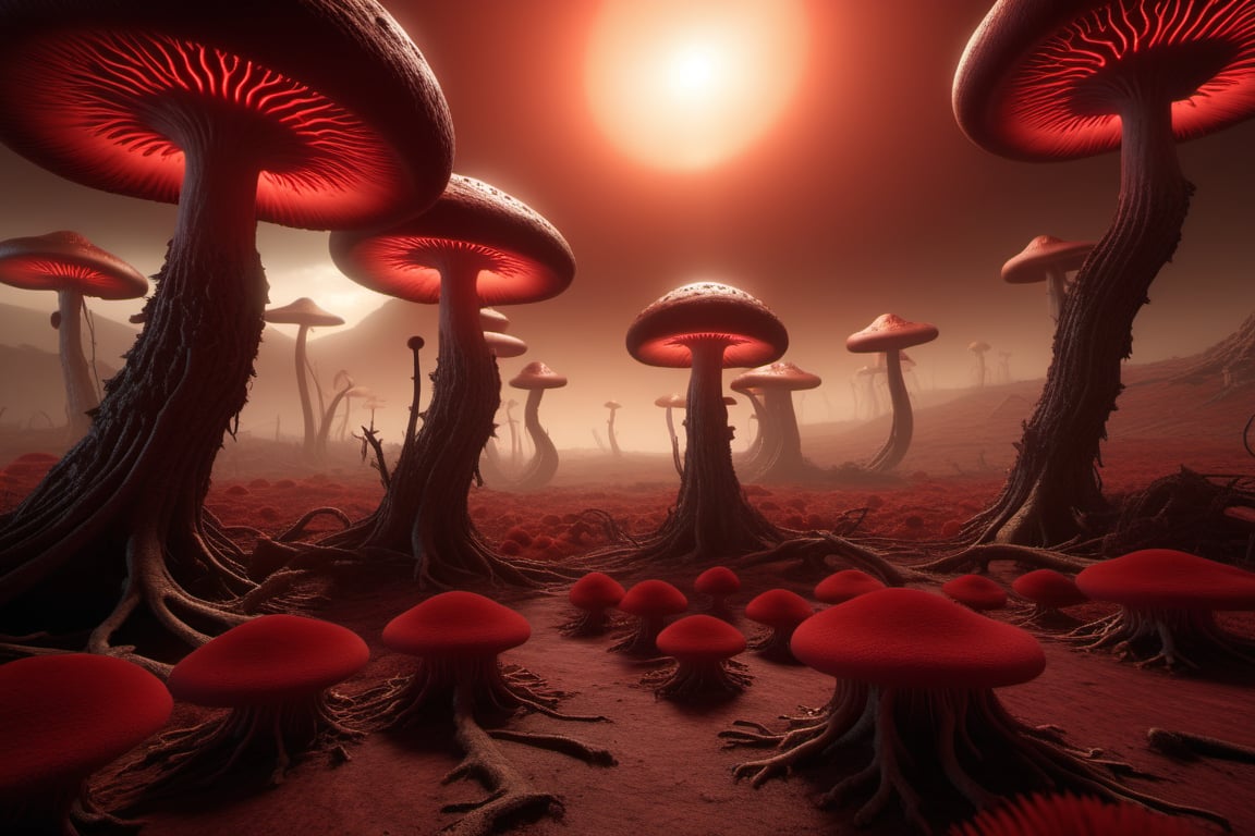 A surreal, dreamlike scene unfolds as a sprawling alien mushroom forest stretches across a desolate, crimson-hued landscape. The air is thick with an otherworldly mist, casting a warm, golden glow on the fungal formations. A lone, glowing orb hangs suspended in mid-air, bathing the eerie atmosphere in an ethereal light.