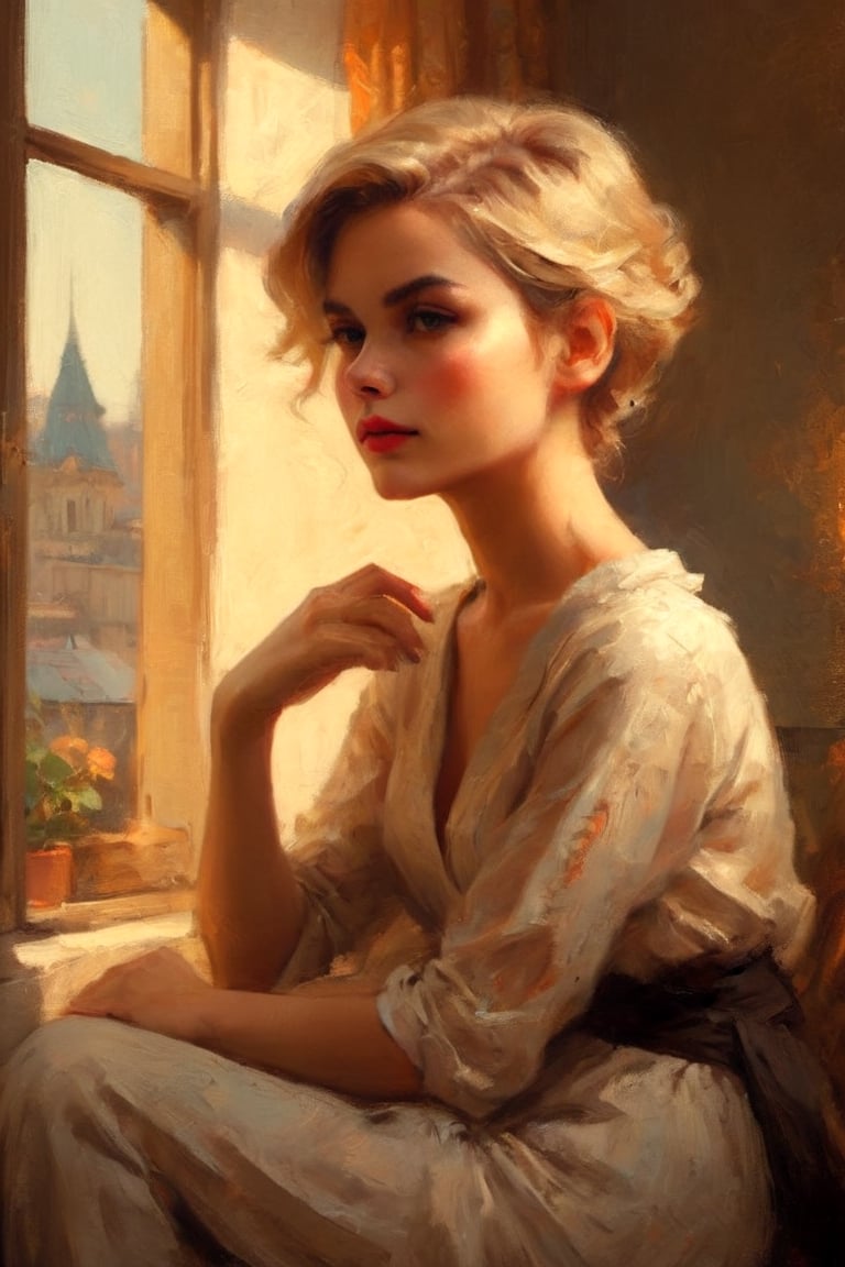 seductive female pixie sitting at the window with (golden light:1.1), it is Cleaning an apartment, Grace Kelly  in the style of ilya kuvshinov, dramatic lighting, fantasy, intricate, elegant, highly detailed, lifelike, photorealistic, digital painting, bokeh, HDR, high resolution, artstation, concept art, smooth, sharp focus, art by Krenz Cushart and Albert Aublet