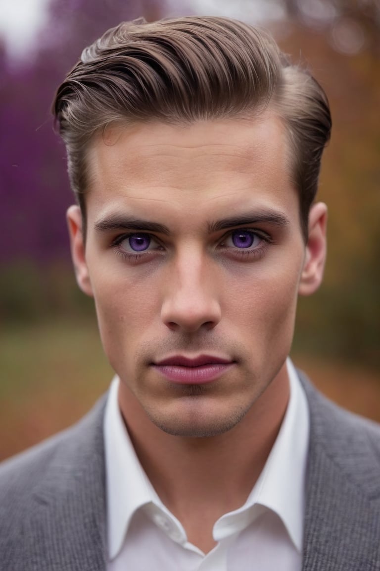 portrait, close up of a well-endowed (handsome man:1.1) , Vlogging, Tilted head, Two-Tone hair styled as Short and slicked back, he has a Large Violet Eyes, fall background, Stormy weather, Mystical, key light, 35mm, Zentangle, by Natalia Drepina, Elke Vogelsang, holy, fine polished, gorgeous, highly complex, complimentary colors