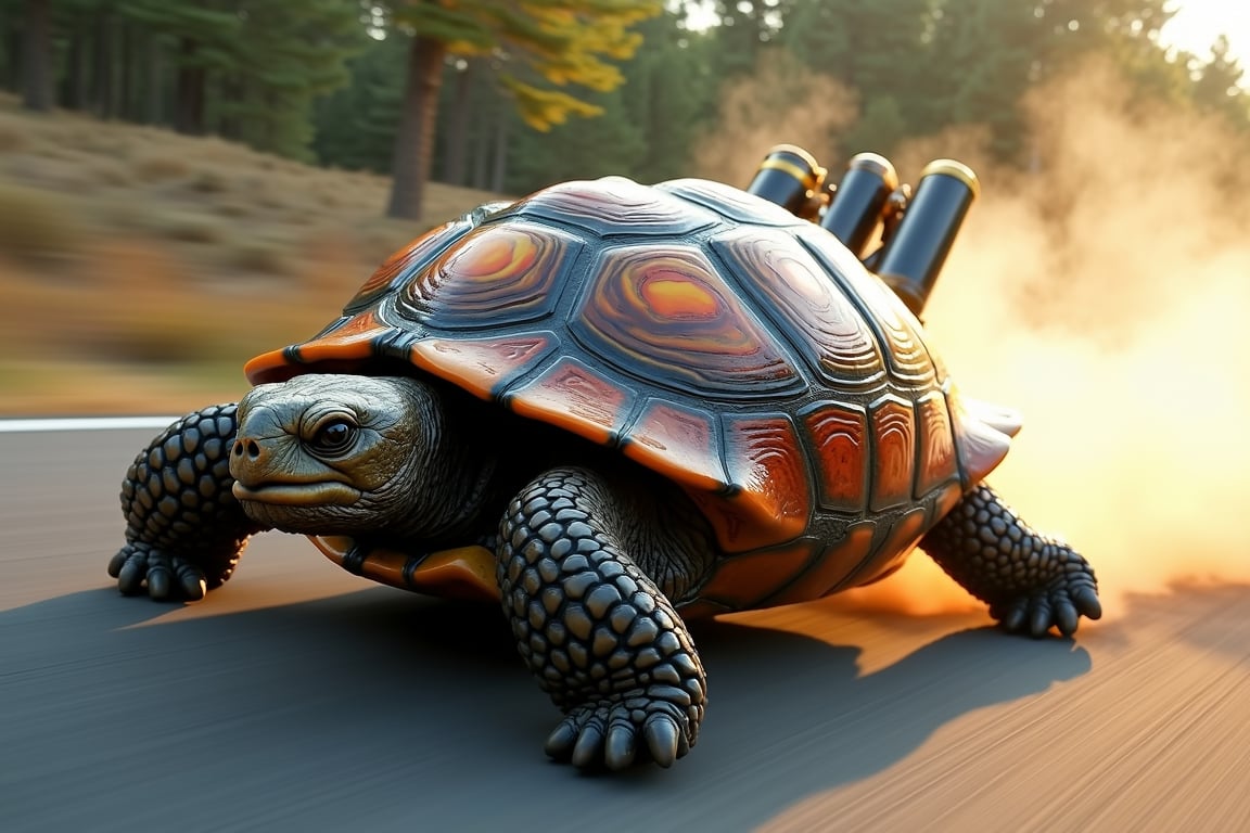 A raw, high-speed photo captures a tortoise-hotrod hybrid in mid-motion, shell gleaming with intricate flame custom paint job, exhaust pipes protruding from its back, leaving a trail of smoke behind. The blurred background hints at an exhilarating chase scene, as the unlikely vehicle hurtles forward, its tires screeching against the asphalt.