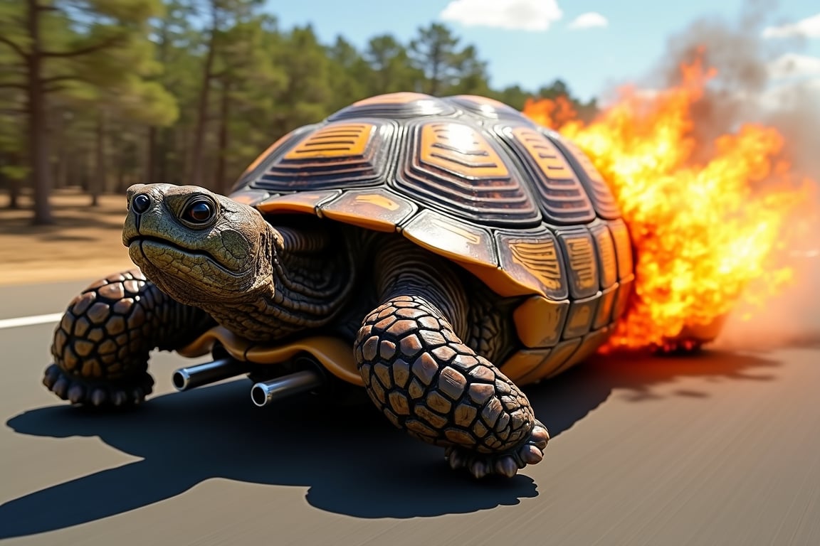 A high-speed shot captures a tortoise-hotrod hybrid in motion, its shell ablaze with flames as it zooms down the track. The camera blurs the background to emphasize the tortoise's velocity, while sharp focus on the vehicle's intricate details reveals a flame-embroidered shell and chunky exhaust pipes spewing smoke. The tortoise's shell glistens in the sunlight, reflecting its fiery design.