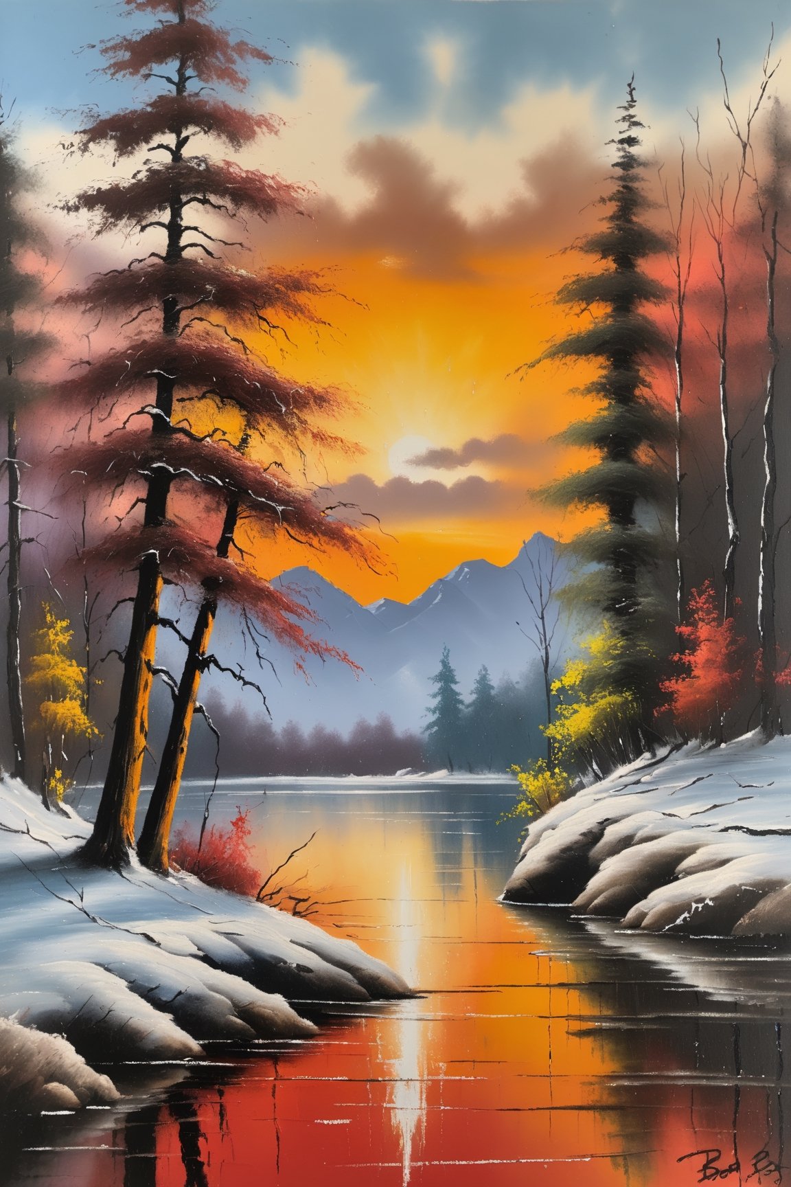 antique wet on wet oil painting of a lake scene, surrounded by trees, Winter, vibrant natural colours,| painted with thick brush, award winning painting by Bob Ross, 