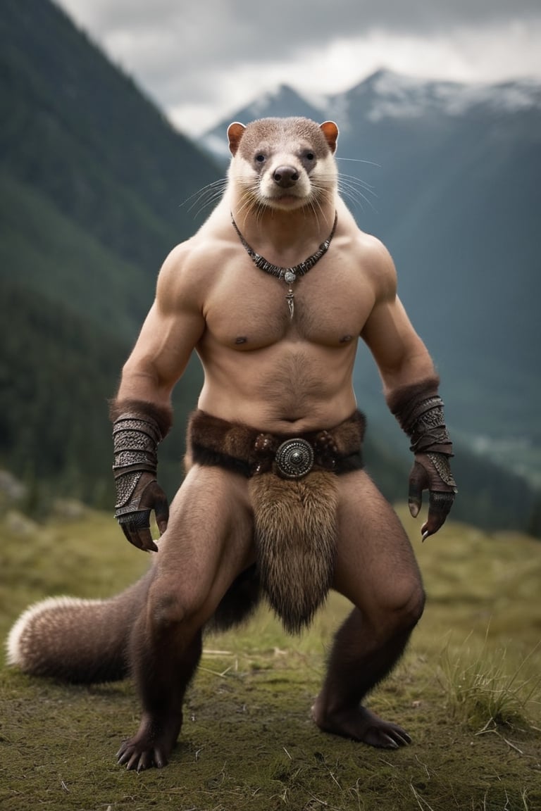 anthro (man:1.0) (Gulo Mustelidae:1.2) merge, | fierce, fearsome warrior | fantasy adventure setting,| RAW photo,