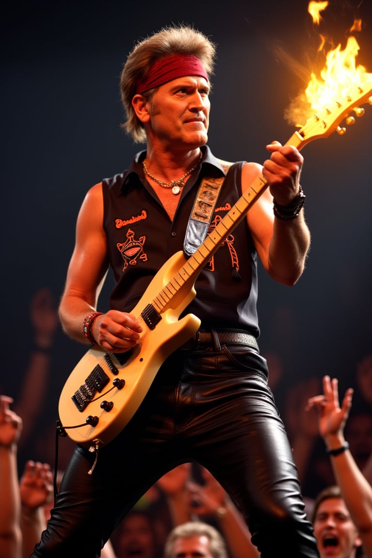 , a middle aged man,  as a rockstar from the 1980s, wearing leather pants, a sleeveless band shirt, and a bandana, rocking out on stage with a flaming guitar in front of a screaming crowd. Face focus, upper body pose.,bruc3campb3ll