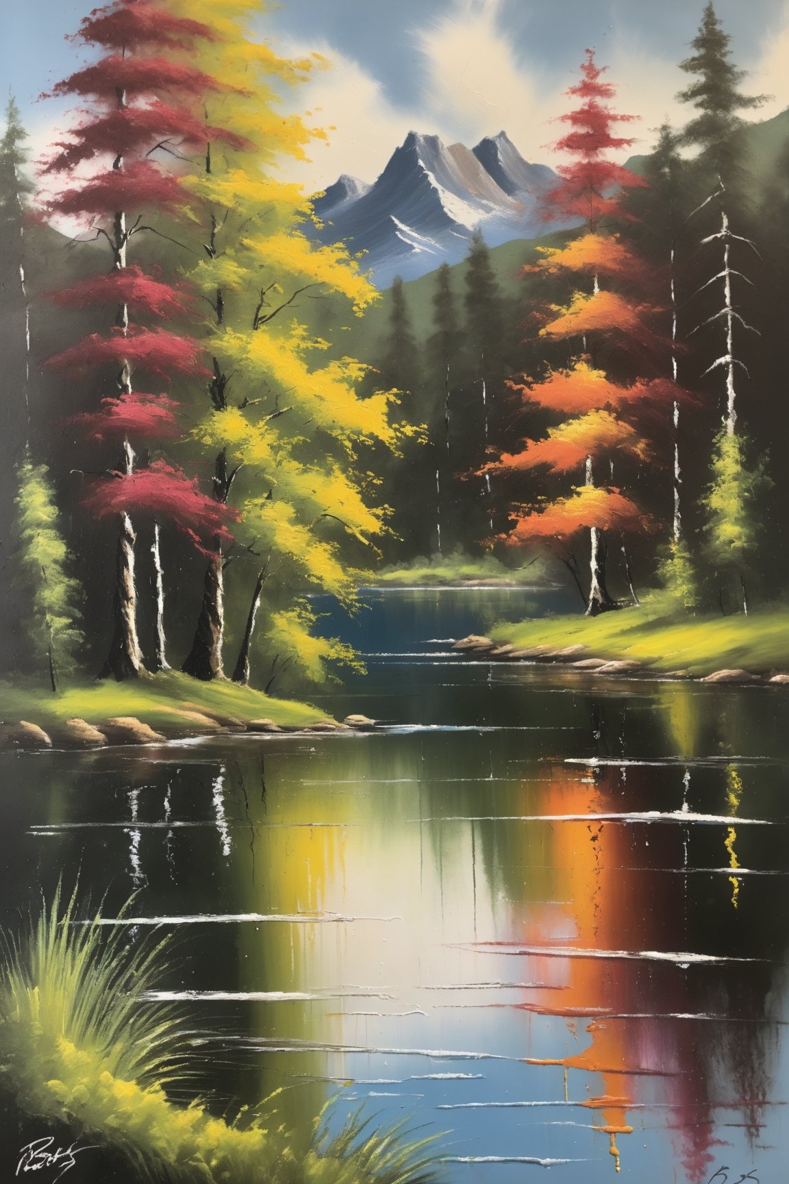 antique wet on wet oil painting of a lake scene, surrounded by trees, Summer, vibrant natural colours,| painted with thick brush, award winning painting by Bob Ross, 