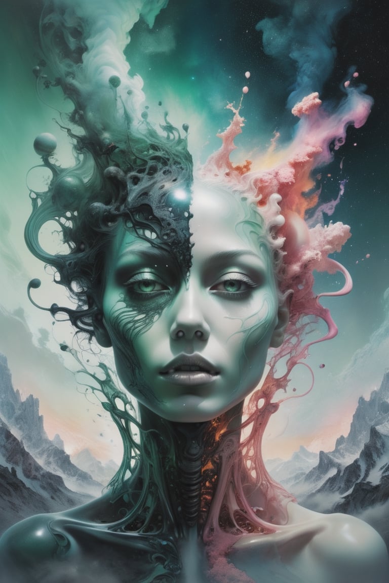 transformation of innocent beautiful woman into a grim alien queen, dreamscape in your mind, Double exposure effect of female alien body portrait silhouette, superimposed against astral cosmic sky by Karol Bak, Peter Gric, Conrad Roset, Brandon Kidwell, Andreas Lie, Dan Mountford, Agnes Cecile, Jeremy Mann, oil and ink canvas, fine art, super dramatic light, photoillustration, amazing depth, concept of evolution, glowing particles, hyperdetailed, iridescent green and pink, intricate detailed, amazing depth, hypervibrant, stunning atmosphere, mesmerizing whimsical vibrant scenery, hypermaximalism (Beautiful Outside, Ugly Inside, Stress and Pain, Beauty and Despair, Hard and Soft, Positive and Negative, Hot and Cold, Sweet and Sour, Vibrant and Dull, Perfect Harmony, Light and Dark, Hot and Cold, Old and Young, Fire and Ice, Yin and Yang, Opposites, Black and white, Smoke and Steam,Hot and Cold, Organic and Mechanical, Corresponding colors, Loud and Quiet, Chaos and Peace,  Night and Day:1.2) complex masterwork by head of prompt engineering