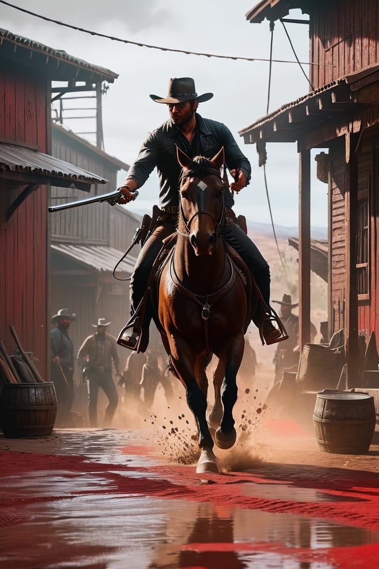 Intricate dynamic action shot of cowboy in a shootout, cinematic Steve Henderson Fabian Perez Henry Asencio Jeremy Mann Marc Simonetti Fantasy, red dead redemption 2 atmosphere, cinematic, #photograph