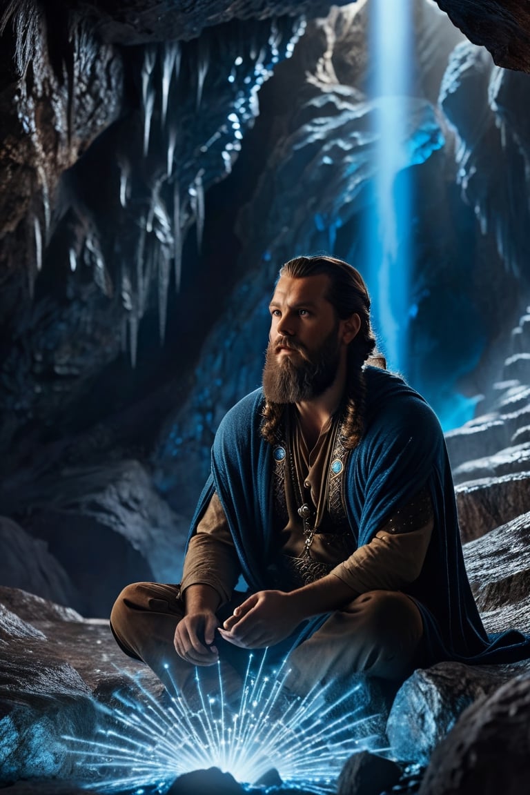 "a award winning heroic shot of a mountain king in a stunning detailed showcave, epic mountainking meditate about life, long curly beard, glowing blue eyes, cave is like a big dome, fantastic stalagmites and stalactites, (cinematic lighting:1.1), moody lights, heroic pose, in the style of photorealistic fantasy, still from a oscar winning fantasy movie, 50mm zeiss supreme prime lens, clear and sharp focus, shallow dof, fantasycore, stonecore, beautifully color graded, dynamic composition, sparkle, (diamonds:1.1), (lens flare:1.05)