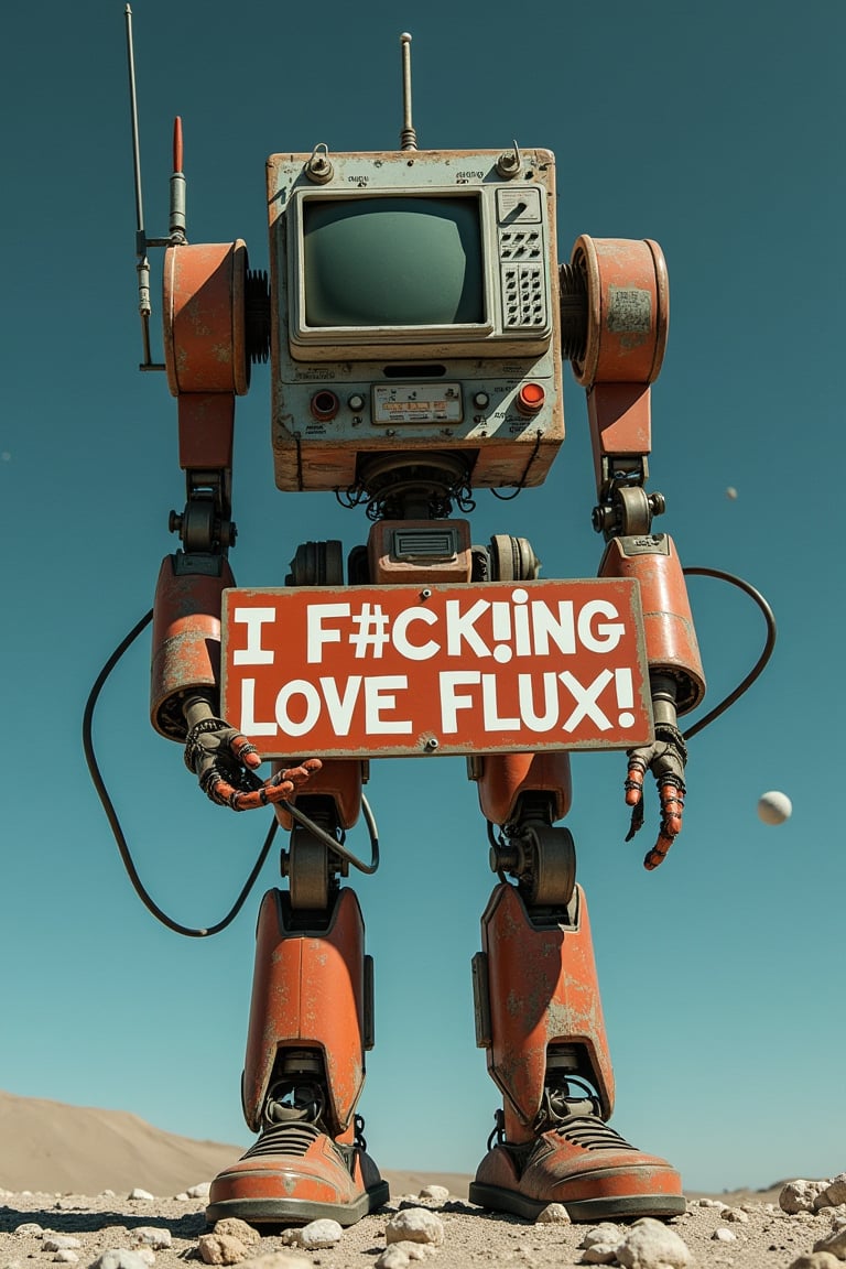 a huge robot made of discarded consumer electronics stands on a tiny moon while holding a sign that reads: "I F@CK!NG LOVE FLUX!"