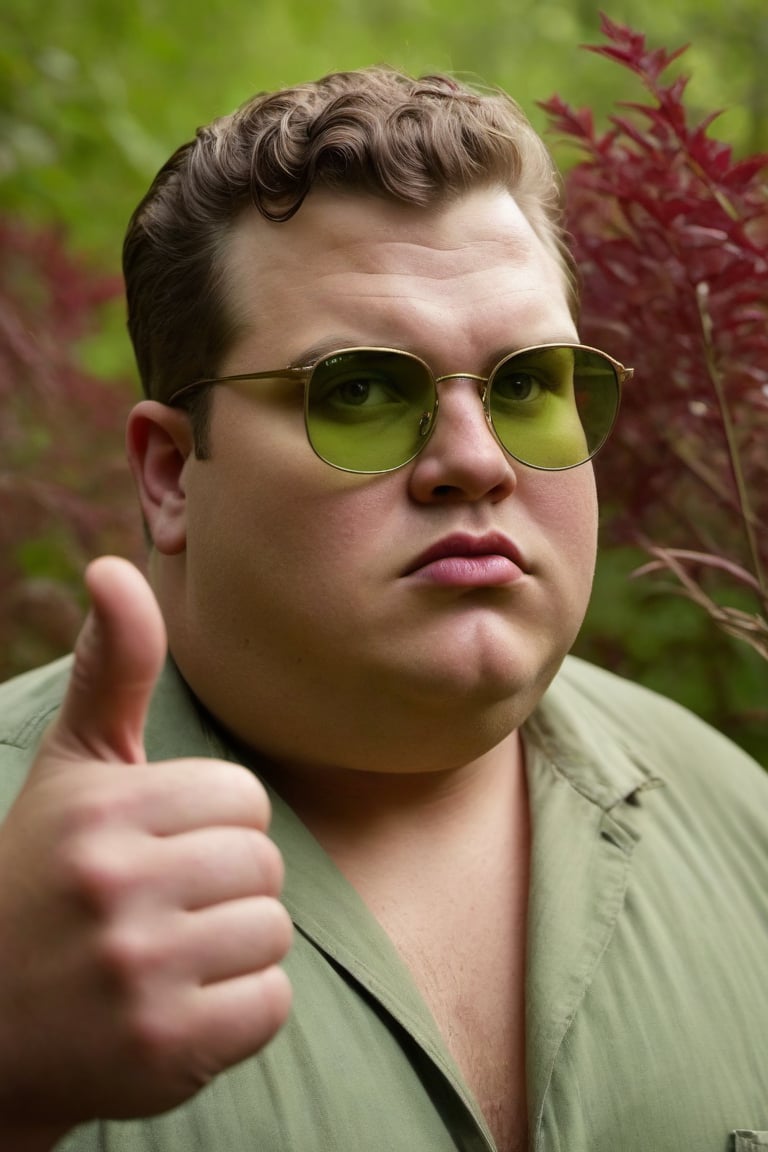 stylized by Olivia Locher and (Nina Leen:1.3) and (Keith Carter:0.8) , portrait, intricate background, close up of a morbidly obese (handsome man:1.3) , Miner, Raising fist pose, Tempting dark yellow ray-ban glasses, simple Violet and DayGlo green background, deep red vegetation, Fine art, Lively, Post-Apocalyptic, Indirect light, Selective focus, dynamic dramatic atmosphere, magical atmosphere, aesthetic, highly complex