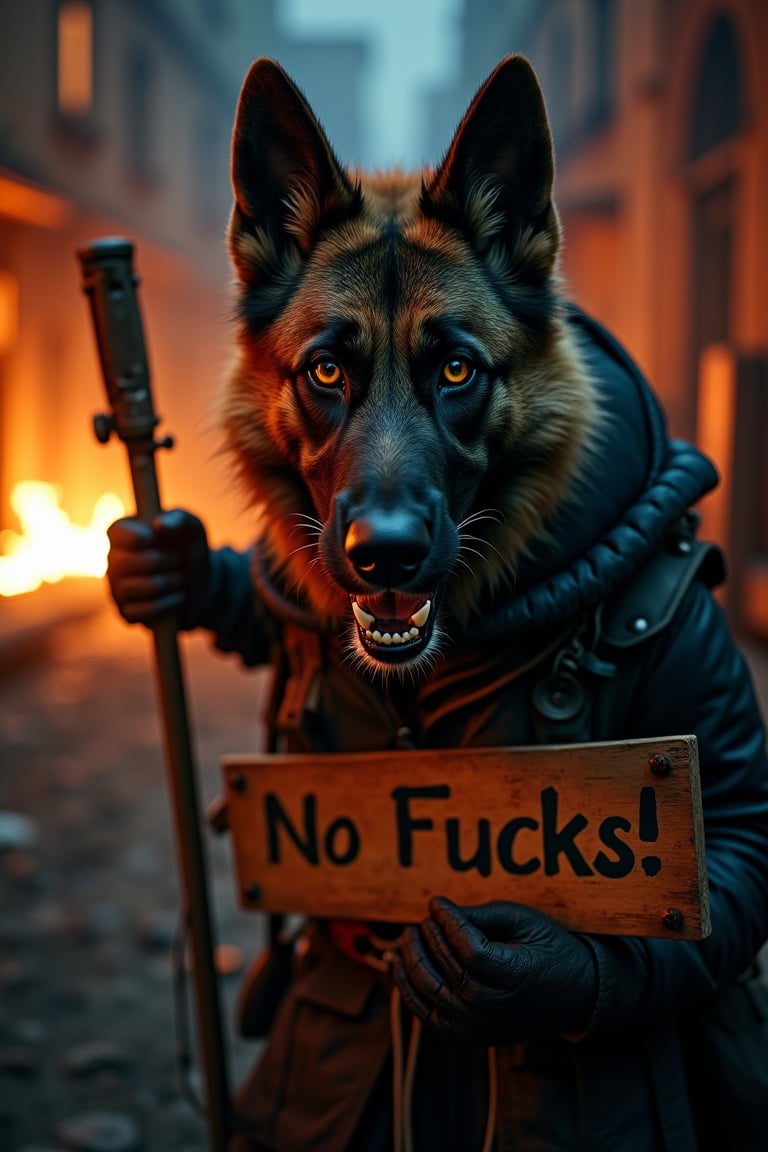 Award-winning photographer captures a hauntingly realistic image of a fierce German Shepard dog, its snarling face illuminated by the (faint glow of a fire:1.2). Framed against a dark, battleground background, dressed as a (mercenary:1.3), textured fabrics and weapons, his menacing gaze seems to pierce through the shadows. He is on a burning town street at night, he is holding a sign saying "No Fucks!"