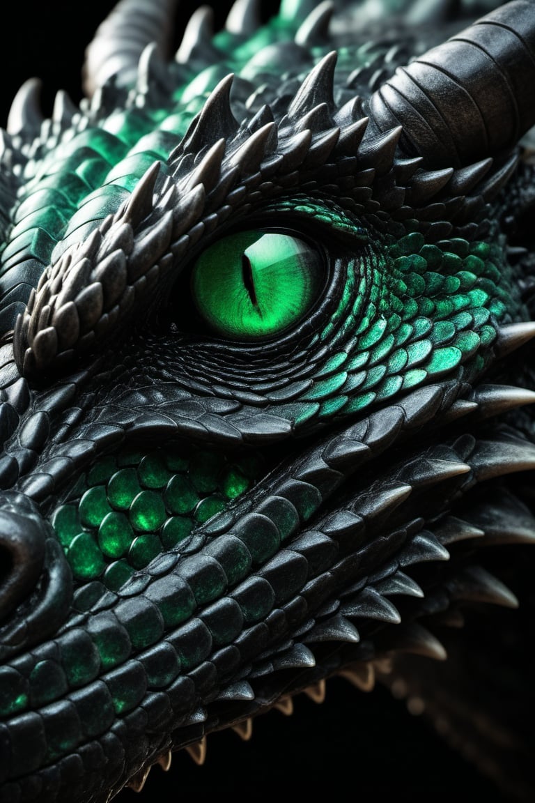 Award-winning nature photographer's lens captures the gritty, RAW intensity of a dragon's head up close. Emerald-green and obsidian-black scales glisten with a subtle, otherworldly glow under dramatic, subdued lighting. The camera frames the subject, highlighting the intricate texture of the scales as they seem to shimmer in the faint light.