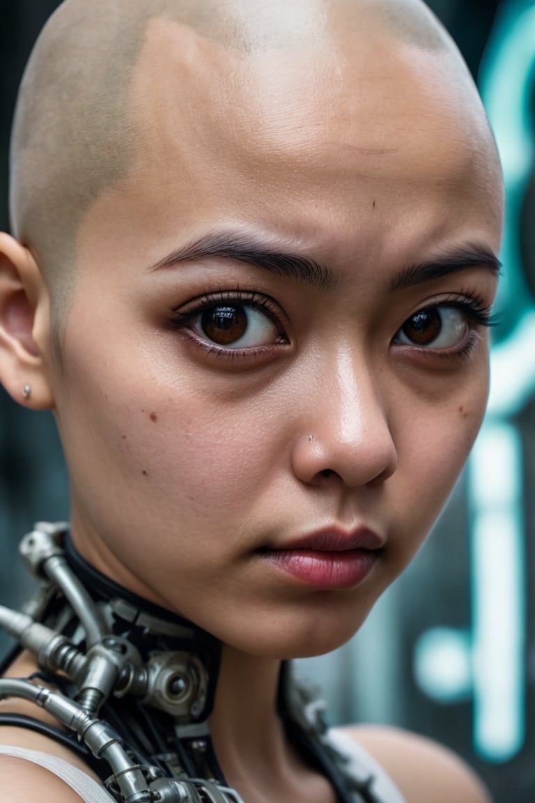 portrait, Biopunk Art, close up of a Photogenic heavyset Malaysian instagram girl of Science, Bald hair, Annoyed Gate in background, feminine, close-up, stunning, winning, complex, intricate, ambient light