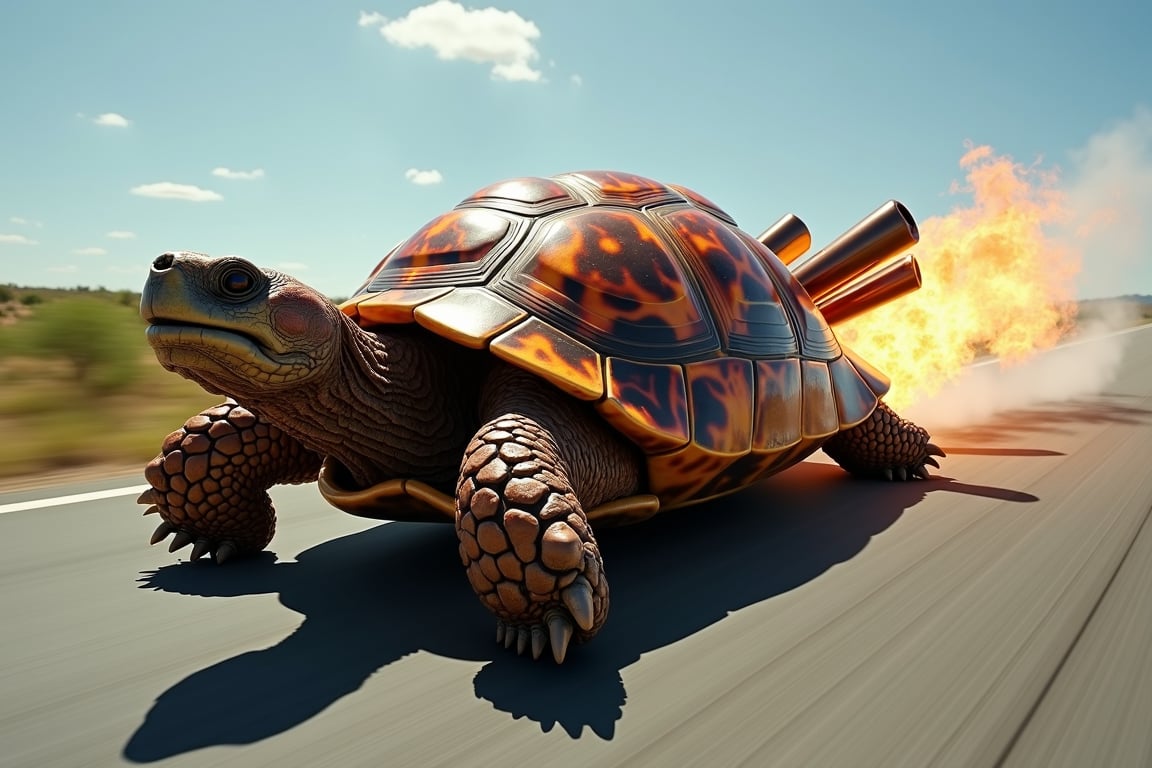 A raw, high-speed photography capture of a futuristic tortoise-hotrod hybrid, speeding down a blurred highway. The tortoise's shell gleams with a vibrant flame custom paint job, while dual exhaust pipes protrude from its back, spewing forth a trail of smoke and fury. The subject's pose exudes speed and power as it devours the asphalt.