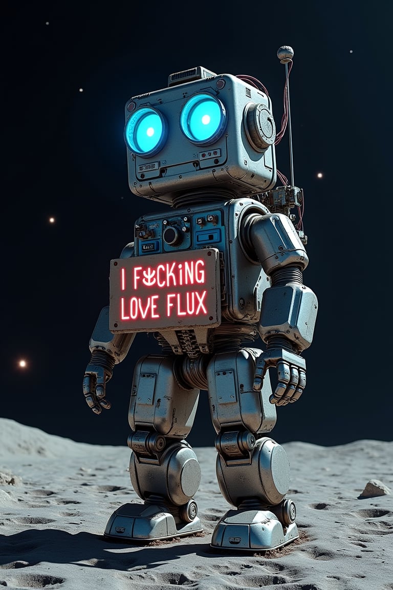 A shot of a gargantuan robot constructed from salvaged electronic waste, looming large against the lunar surface. The robot's metallic body is comprised of repurposed gadgets, wires, and circuit boards, with glowing blue LED eyes that seem to pierce through the darkness. It stands on the desolate, cratered moonlit terrain, holding a makeshift sign emblazoned with bold, neon-lit letters: "I F@CK!NG LOVE FLUX!" The robot's imposing presence is juxtaposed against the stark beauty of the tiny moon, where wispy tendrils of solar wind dance across the surface.