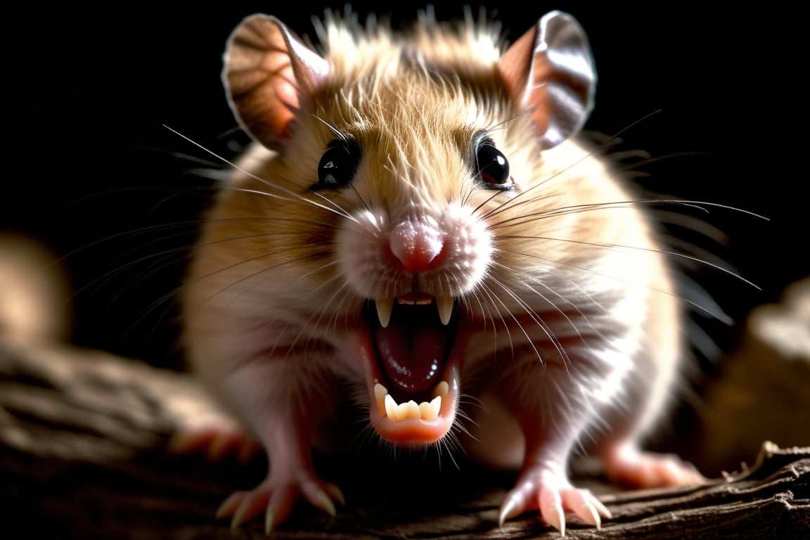 nature photograph, flesh eating demonic hamster, huge sharp teeth, fierce AF, | natural habitat, natural subdued lighting,