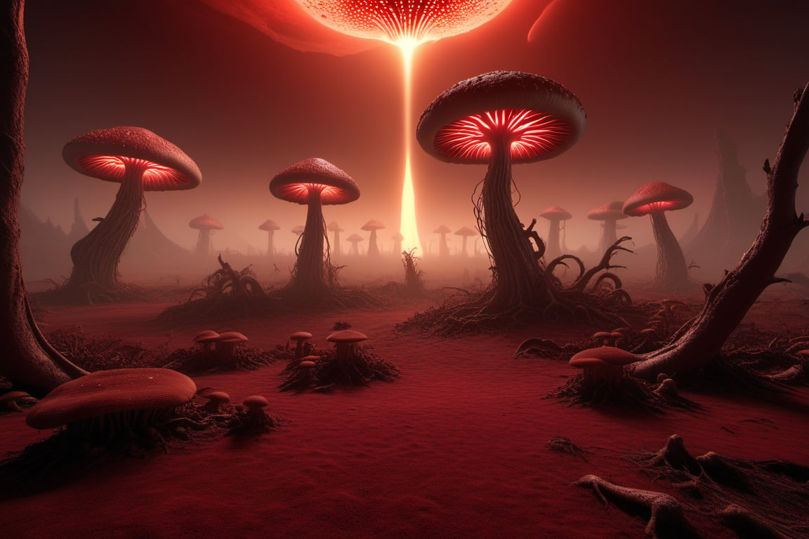 A surreal, dreamlike scene unfolds as a sprawling alien mushroom forest stretches across a desolate, crimson-hued landscape. The air is thick with an otherworldly mist, casting a warm, golden glow on the fungal formations. A lone, glowing orb hangs suspended in mid-air, bathing the eerie atmosphere in an ethereal light.