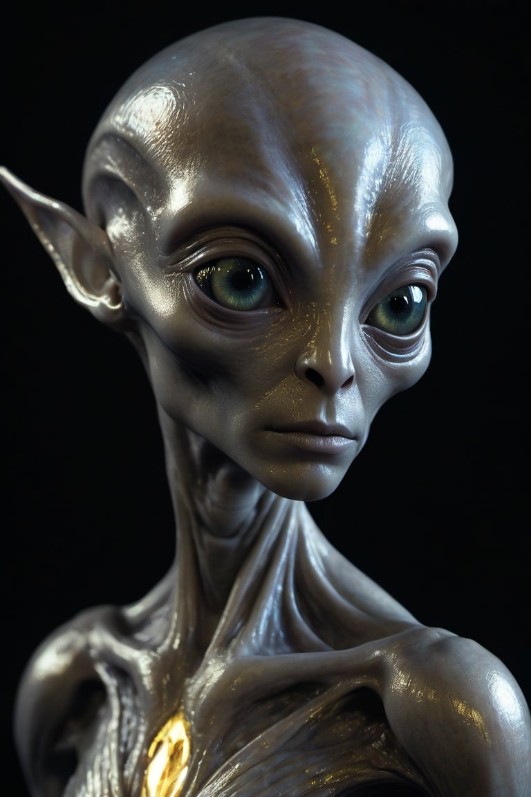 A majestic, iridescent-skinned alien lifeform sits serenely against a stark, black backdrop, its piercing, crystalline eyes glowing with an otherworldly intensity. Delicate, swirling patterns dance across its features, illuminated by a single, golden-hued spotlight that casts dramatic shadows on the surrounding darkness.