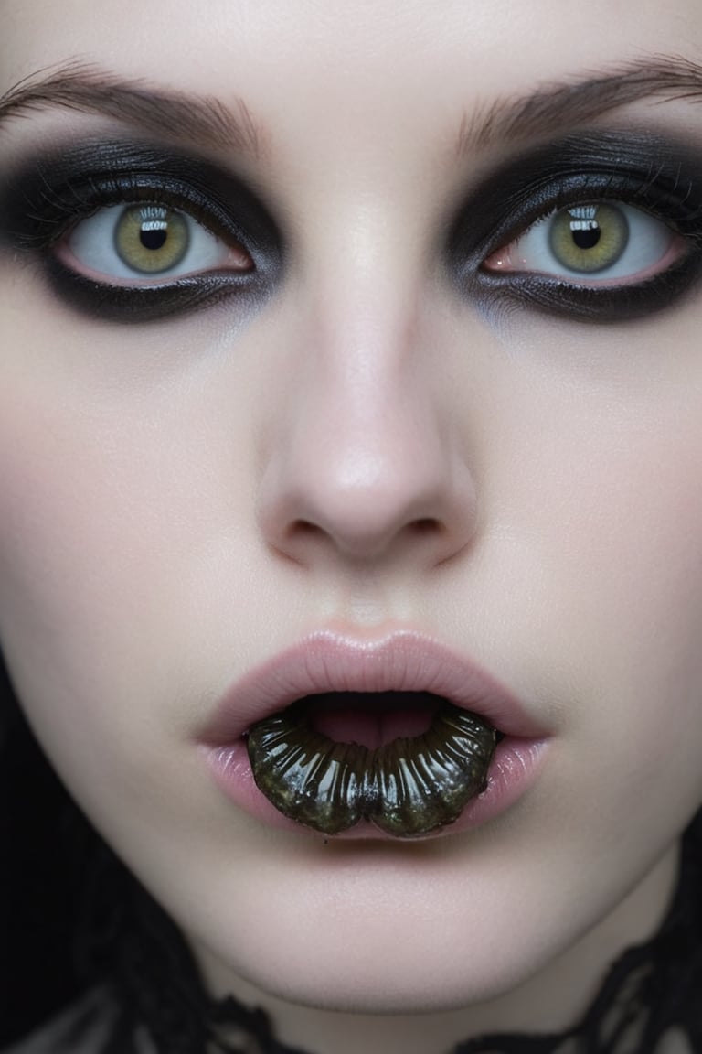 RAW photo of a womans face with a merged (lip:1.15)(slug had:1.3) | gothic styling