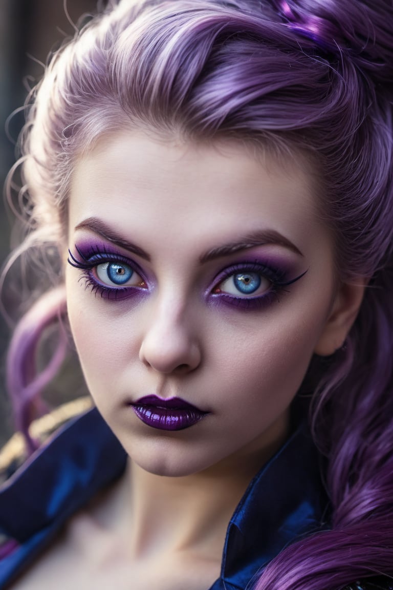 portrait, close up of a Eye-catching buxom Vampire (instagram girl:1.1) , she is from the Postwar Era, Cardinal, her hair is Colored, higher class Violet, Magenta and Indigo Spider Tail, ultrafine detailed, Astropunk, Sun Rays, One Color, atmosphere, beautiful, highly intricate, ambient, aesthetic, beautiful detailed, dramatic