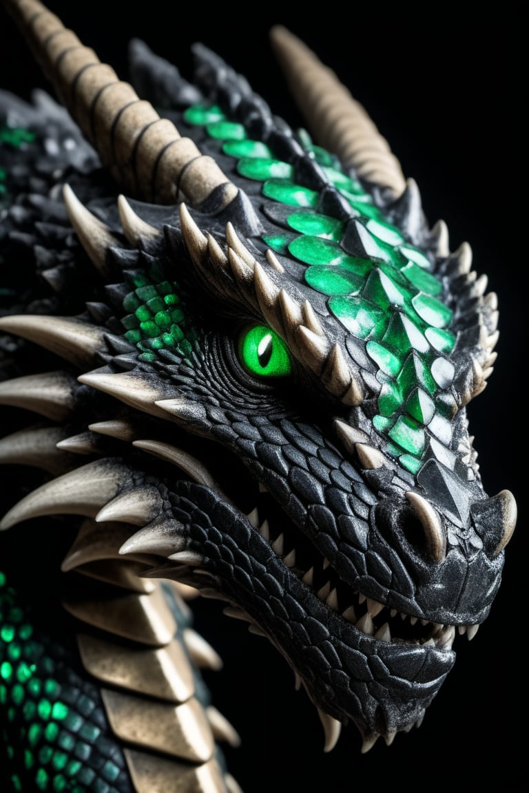 gritty RAW nature photo of a macro dragons head, its scales are emerald and obsidian, scale have a faint glow | dramatic subdued lighting, award winning nature photography,