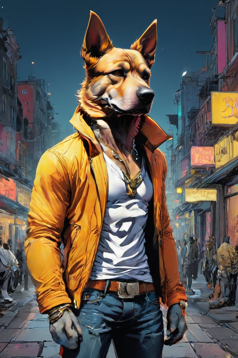 anthro (dog:1.1) merge (man:0.9) combo | wearing casual urban wear | urban setting | [no human skin:1.3], elegant, highly detailed, dramatic cinematic light, sharp focus, beautiful, divine holy, scenic, handsome, depicted, intricate, illuminated, professional, extremely, stunning, wonderful, attractive, best
