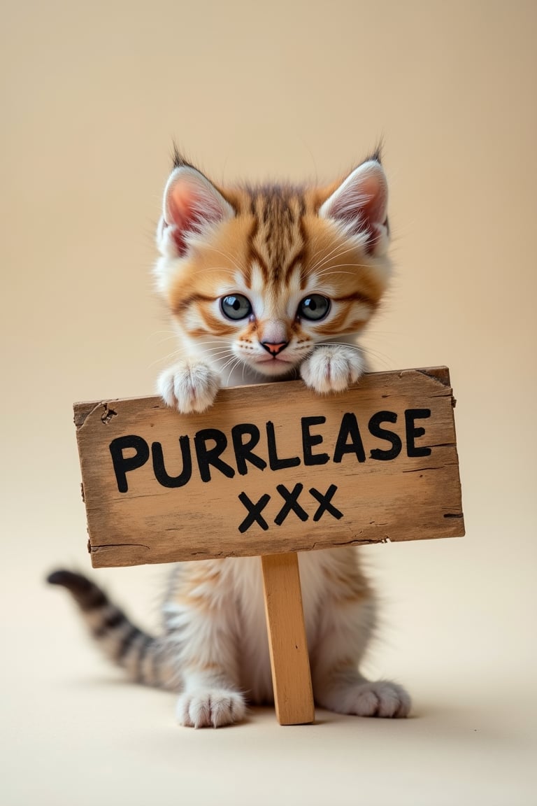 A realistic photo scene: A tiny ball of fluff, a baby kitten, cradles a wooden sign in its paw. The sign, weathered and worn, bears an endearing plea: "PURRRLEASE xXx" Framed against a soft, creamy background, the kitten's big eyes shine with hope, while its tiny paws grasp the sign as if pleading for mercy.