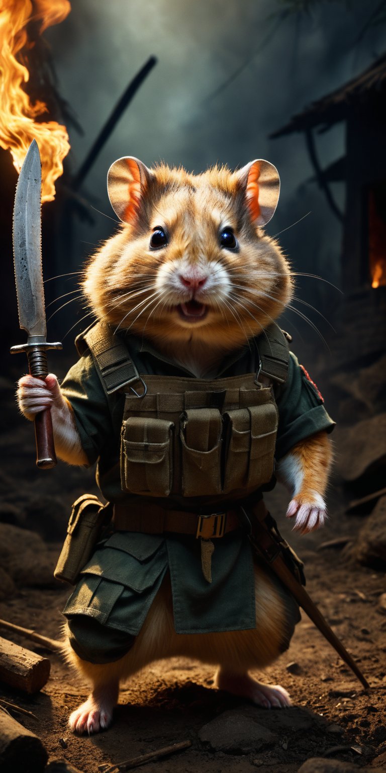 Award-winning photographer captures a hauntingly realistic image of a fierce hamster, its snarling face illuminated by the (faint glow of a fire:1.2). Holding a machette,  Framed against a dark, battleground background, dressed as a (mercenary:1.3), textured fabrics and weapons, his menacing gaze seems to pierce through the shadows. Vietnam Era-inspired textures bring realism to its clothes and skin, while an eerie stillness in the air hints at a battle-scarred past.