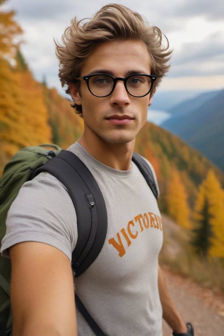 portrait, close up of a midweight (handsome man of Victory:1.2) , he is Hiking, he is wearing a Skater, his hair is Ethereal, pleasant Round Glasses, Respected nature in background, Fall, tilt shift, Gouache Art, Polychromatic, bold lettering, fairy tale, professional, (designed by Ilse Bing:1.0) , (Alex Prager:1.1) , baroque, nature-inspired, fine artistic composition, luxurious sharp focus, unique, cinematic atmosphere