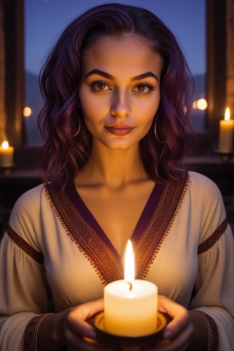 stylized by Jon McNaught, portrait, close up of a Smart well-built Albanian (instagram girl:1.2) , wearing Comfortable Yoruba and Babydoll, her hair is Plum and Mustard, Moon in the night, equirectangular 360, Visual novel, Blissful, De Stijl, Candle light, she is holding the candle, vanishing point, High quality, excellent composition, epic atmosphere, ambient background, flowing, dynamic background, highly intricate