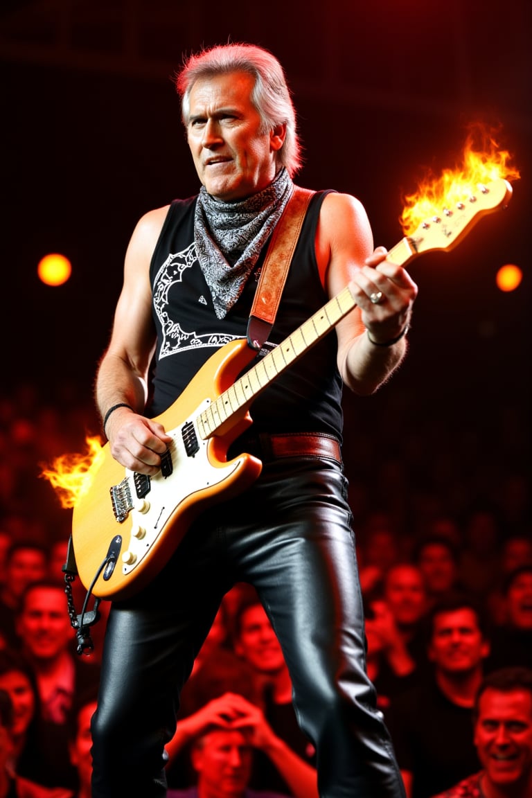 , a middle aged man,  as a rockstar from the 1980s, wearing leather pants, a sleeveless band shirt, and a bandana, rocking out on stage with a flaming guitar in front of a screaming crowd. Face focus, upper body pose.,bruc3campb3ll