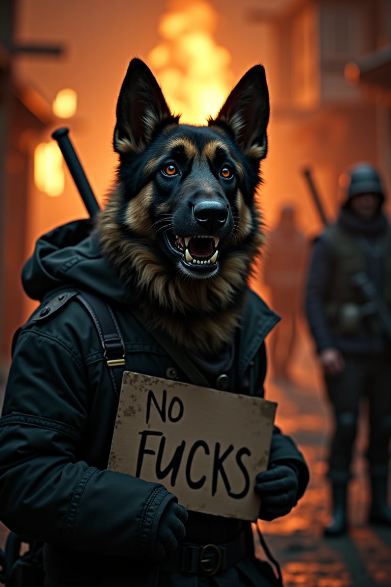 Award-winning photographer captures a hauntingly realistic image of a fierce German Shepard dog, its snarling face illuminated by the (faint glow of a fire:1.2). Framed against a dark, battleground background, dressed as a (mercenary:1.3), textured fabrics and weapons, his menacing gaze seems to pierce through the shadows. He is on a burning town street at night, he is holding a sign saying "No Fucks!"