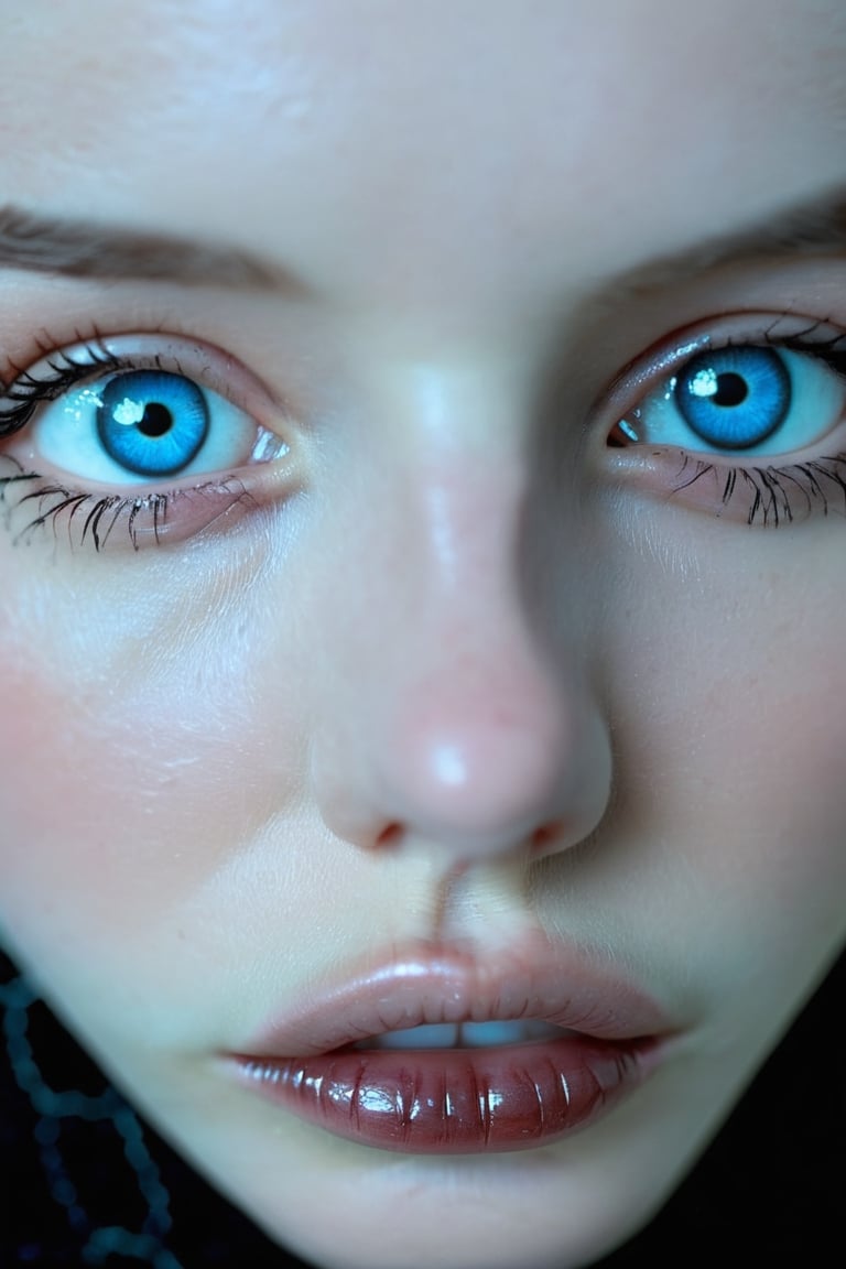 RAW photo of a womans face with blue (large eyes:1.9) (small nose:-1.5) (big lips:2.7) | gothic styling