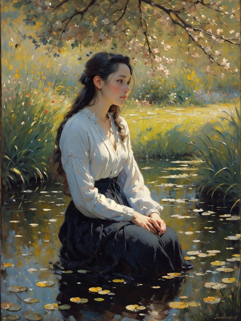 wet, sitting in a small pond outdoors, long flowing messy hair, reflection, (((modern painting))), surrounded by brushstrokes, torn clothes ,masterpiece, best quality, ultra high res, (abstract art:1.4), bleeding golden impasto, black dark theme, visually stunning, beautiful, evocative, emotional,BJ_Oil_painting,, dynamic colors, portrait of  a lady, vases, colorful, classical painting, ((dramatic shadows)), drapes, ,impressionist,