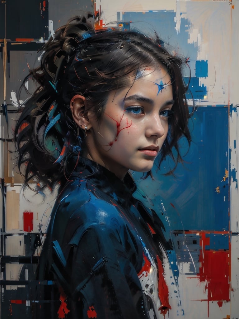 masterpiece, best quality, ultra high res, 1girl, (abstract art:1.4), bleeding blue, blue theme, visually stunning, beautiful, evocative, emotional, side view,BJ_Oil_painting,csr style