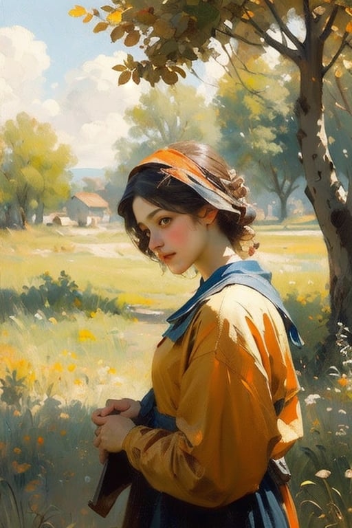 closeup, outdoors random real life place,  , ((saturated art orange )),  , classical painting of slavic lady working in a field,  , art by issac levitan, oil painting, paint_(medium), ,s_light, nature,CJ painting,  ,,renaissance,midjourney