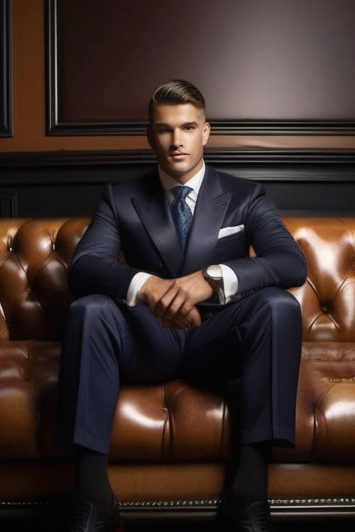 wealthy handsome man sitting on a barristers  thick leather couch