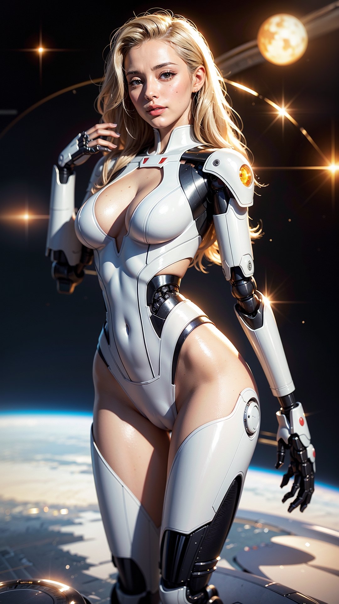 portrait of the most beautiful woman in the galaxy, cyborg woman, gorgeous flowing blonde hair, ((glossy white robotic limbs and joints)), (perfect female body, slim waist, hourglass figure), muscular, outer space, horizon, zero dawn, machine, intricate, elegant, highly detailed, ray tracing, digital painting, artstation, concept art, smooth, sharp focus, illustration, art by artgerm and greg rutkowski and alphonse mucha, 8 k Warp, Warpgate, so sexy it hurts, digitally painted by Tim Doyle, Kilian Eng and Thomas Kinkade, centered, circle, glitter