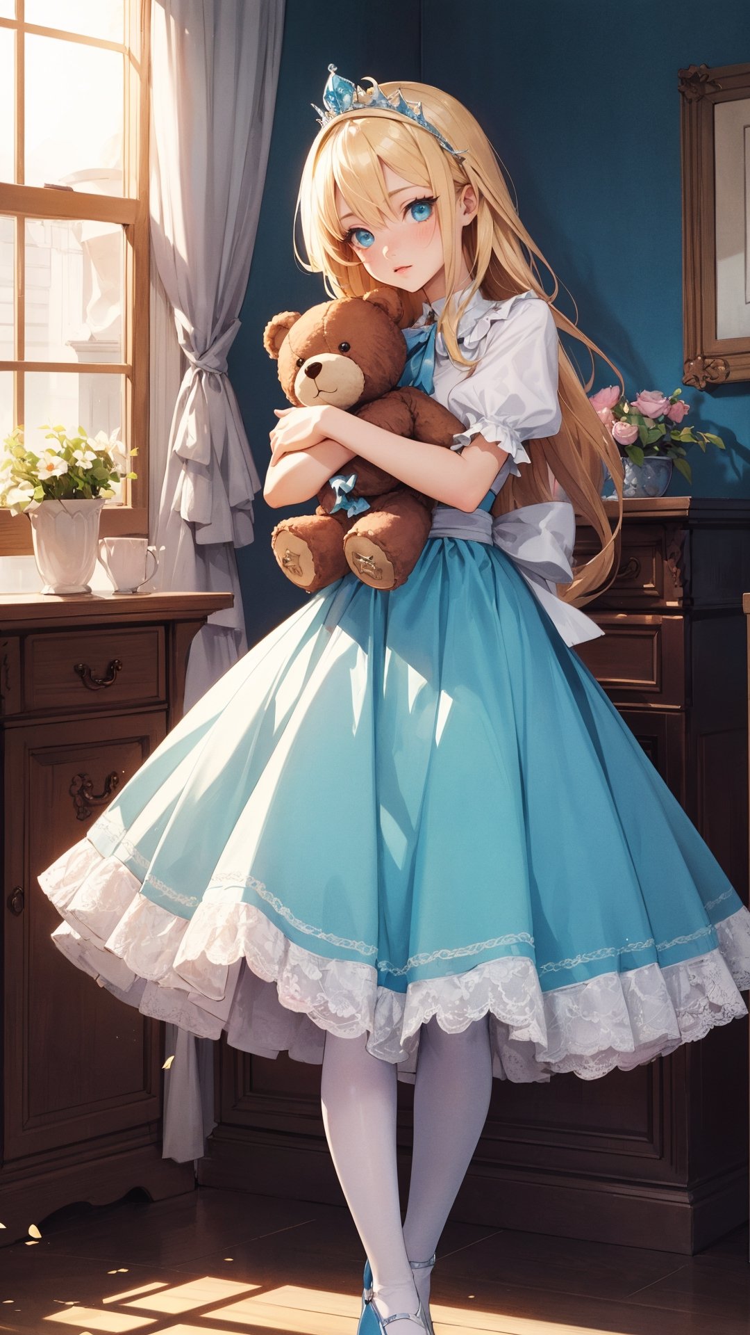 (best quality, masterpiece, illustration, designer, lighting), (extremely detailed CG 8k wallpaper unit), (detailed and expressive eyes), detailed particles, beautiful lighting, a cute girl, long blonde hair, wearing a teddy bear tiara, (Hug teddy bear doll),donning a beautiful blue and white dress with ruffles and lace, sheer pink stockings, transparent aquamarine crystal shoes, bows around her waist (Alice in Wonderland), butterflies around, (Pixiv anime style), (Wit studios),(manga style), scared,In the dark corner of the room