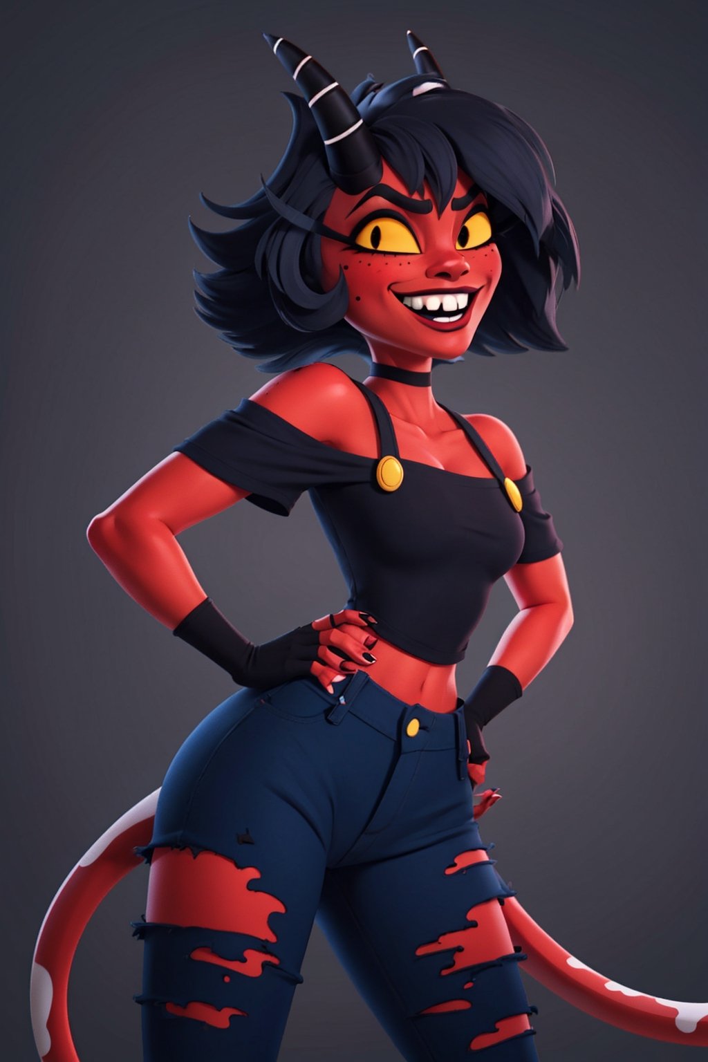 cowboy shot, solo, 1girl, hbmillie, demon girl, colored skin, red skin, smile, looking at viewer, hands on hips, horns, colored sclera, yellow sclera, torn clothes, off-shoulder shirt, fingerless gloves, tail, (suggestive pose, Shadman)