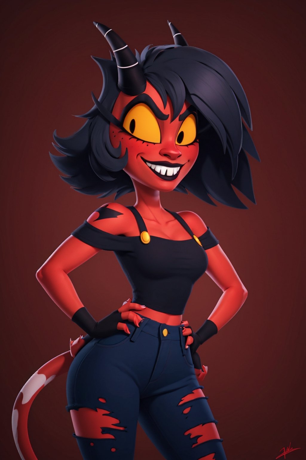 cowboy shot, solo, 1girl, hbmillie, demon girl, colored skin, red skin, smile, looking at viewer, hands on hips, horns, colored sclera, yellow sclera, torn clothes, off-shoulder shirt, fingerless gloves, tail, (suggestive pose, Shadman)