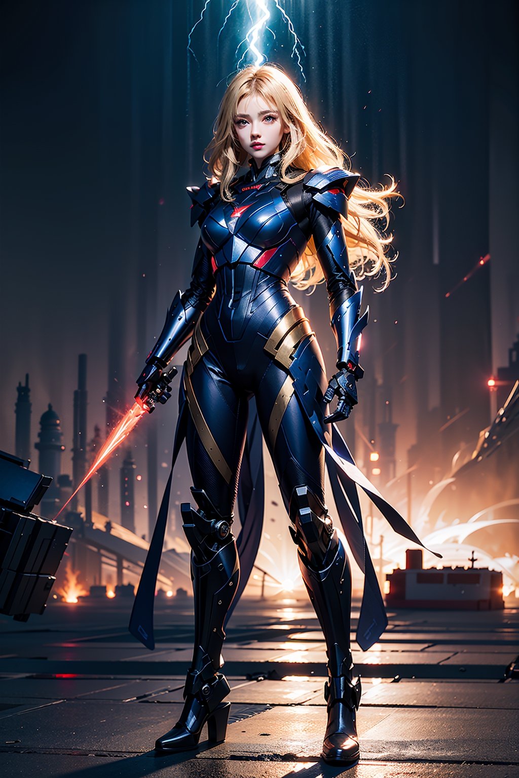 1 girl, beautiful face, wearing robotic costume, robotic body, Mecha girl, blue and red costume colour, 24K, hyper quality, no weapon, good pose, realistic shadow, photogenic, dark light background , perfect scale, perfect arms and fingers, bright blonde hair, long hair, high_resolution, no NSFW, perfect lightning, blue eyelens, no weapon, no guns,dual wielding