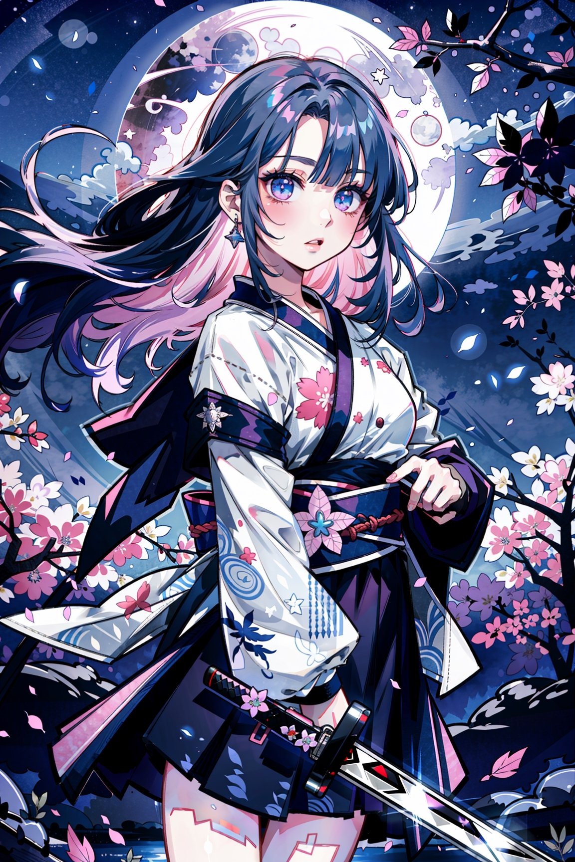 (masterpiece, best quality, highres:1.3), ultra resolution image, (1girl), (solo), kawaii, twilight hair, moonlight, clutching katana (blade gleaming under the moonlight:1.4), swift rust, leaves, magical, (serene background:1.3), butterflies, cherry blossom, fierce, determined eyes, vivid color, spectral moon, mysterious, faint mist, water surface, silver lighting, eyes glittering